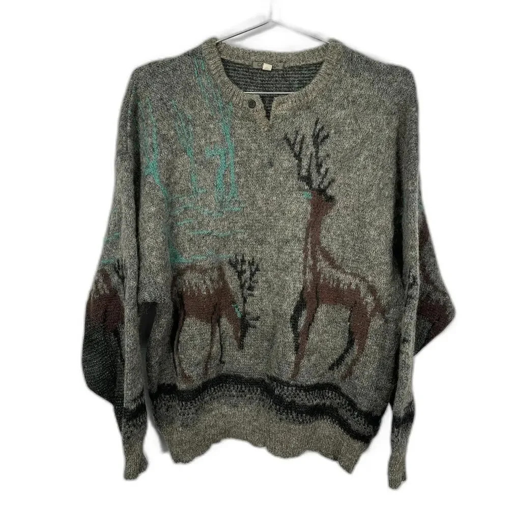 Vintage Gray Knit Deer Grandpa Sweater 3XL